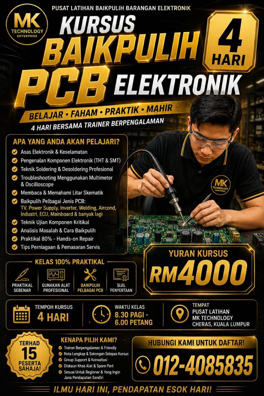 Poster Kursus Electronic PCB Board Repair and Troubleshooting Level 2 dan 3 selama 4 hari