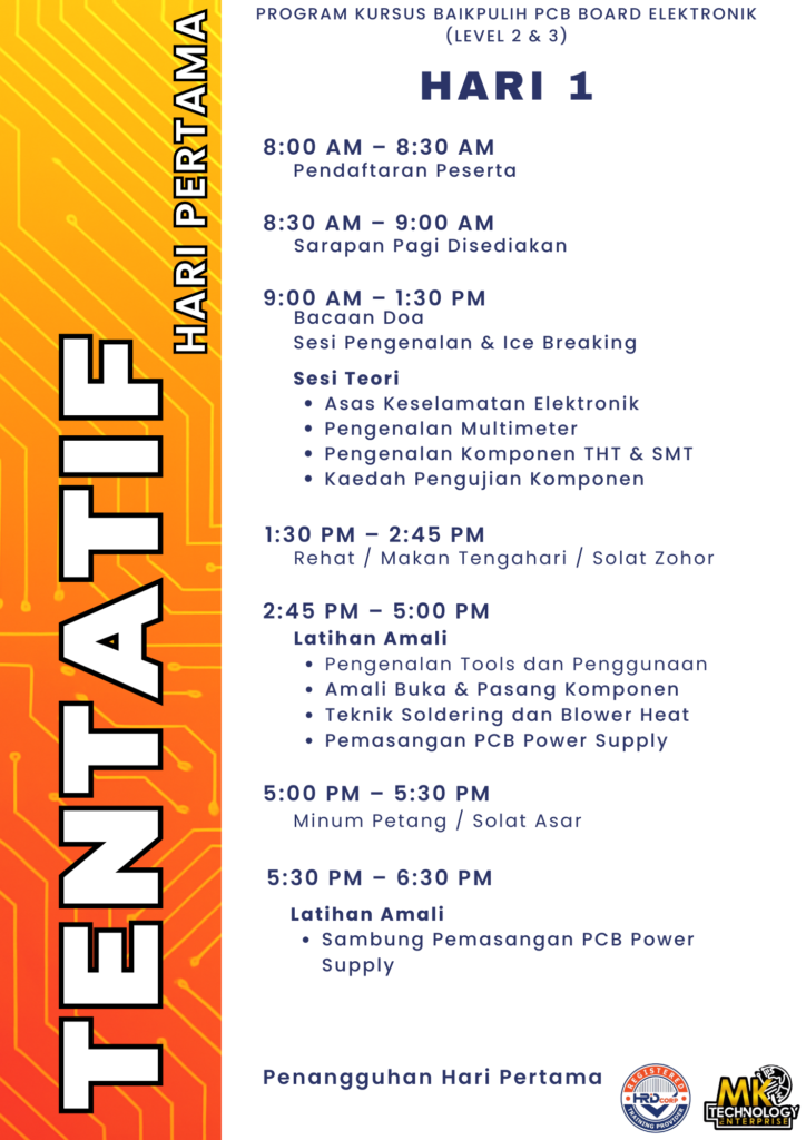 Jadual tentatif latihan Hari 1 MK Technology